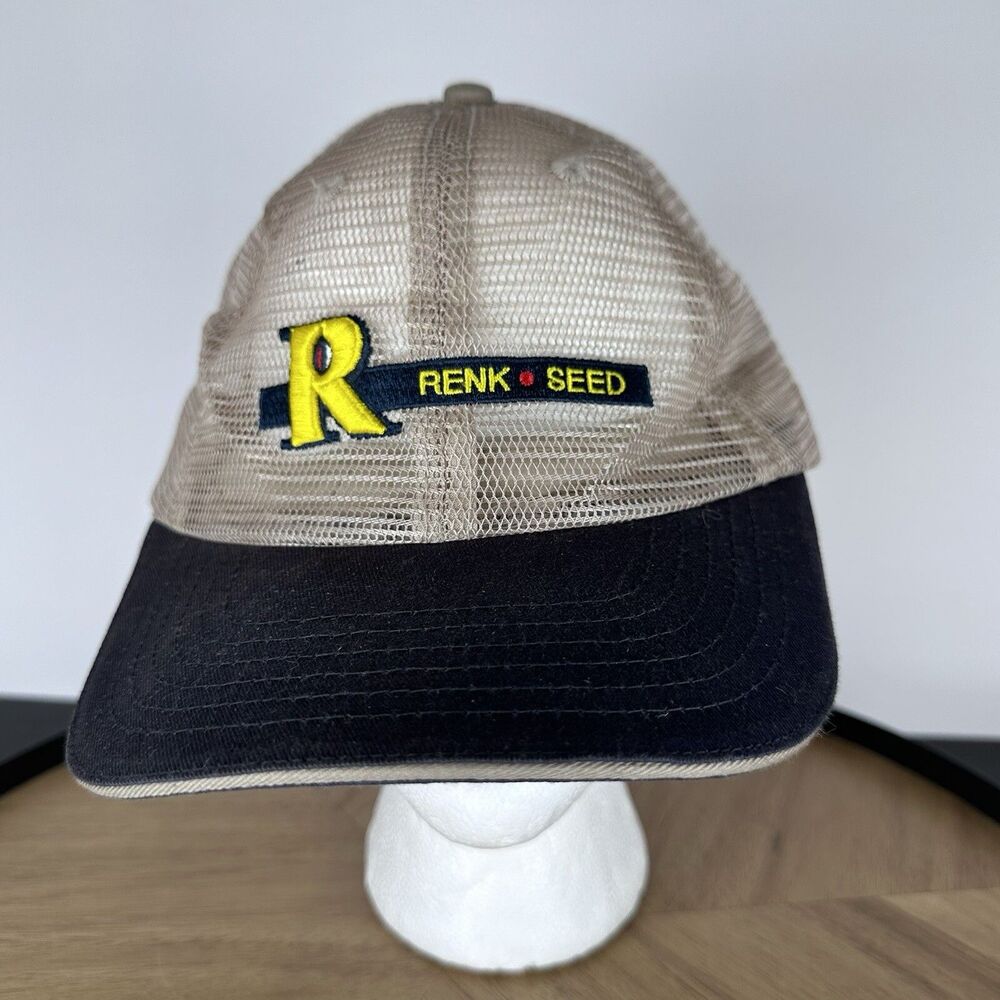 4/$20 Renk Seed Hat Cap Blue Tan Mesh Embroidered Logo Farming SnapBack